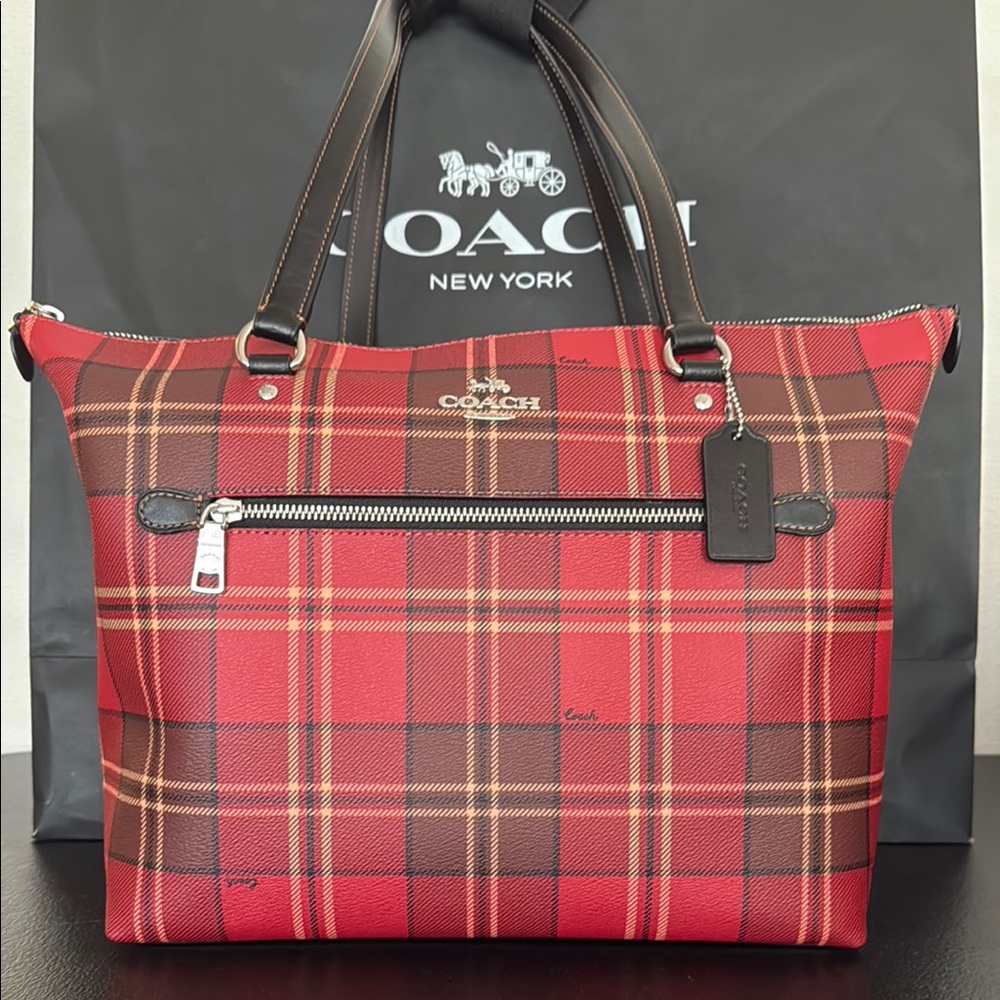 Coach Red and Brown Plaid Tote